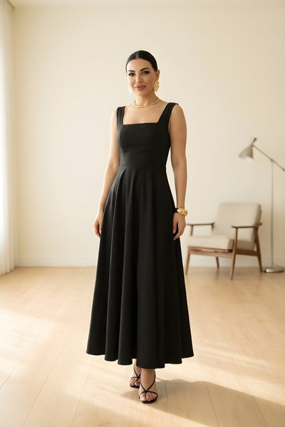 Strappy Square Neck Tie-Back Dress - Black