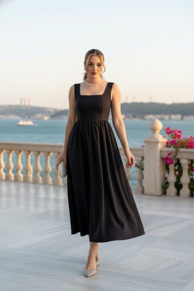 Siyah Askılı Sırt Dekolteli Fiyonklu Kare Yaka Uzun Midi Elbise