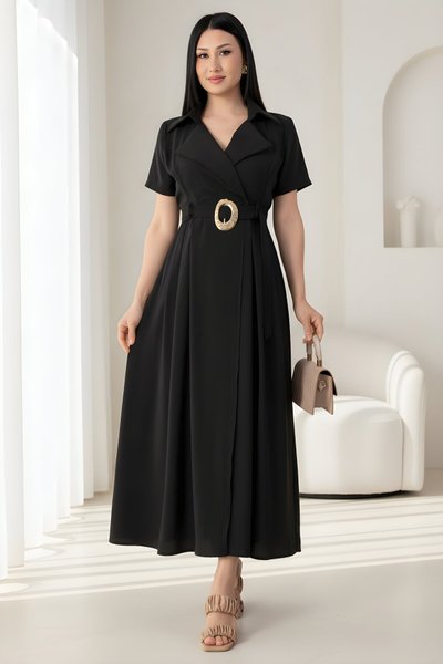 فستان ميدي أسود بياقة قميص وحزام بمشبك