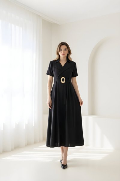 Midi Tencel Wrap-Neck Belt-Detail Dress - Black