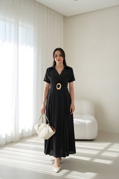 Midi Tencel Wrap-Collar Belted Dress - Black