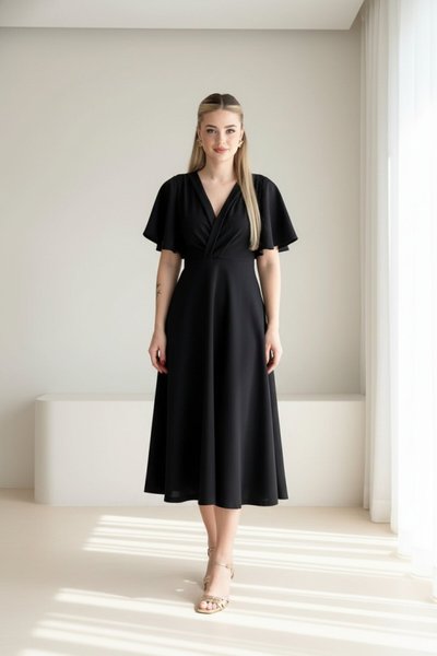 Siyah Midi Kruvaze Yaka Volanlı Elbise