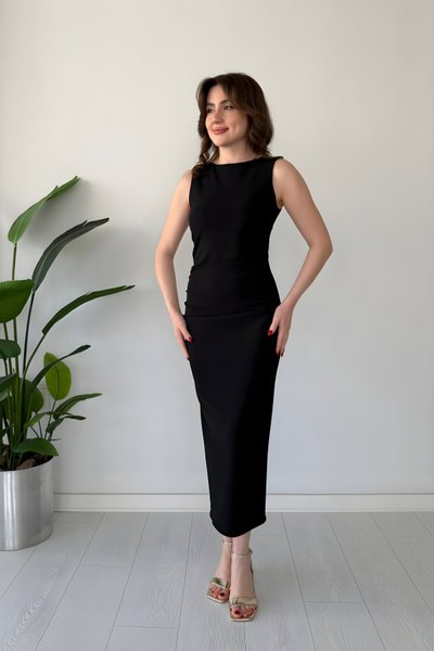 Midi Sleeveless Crepe Drape Back Slit Dress - Black