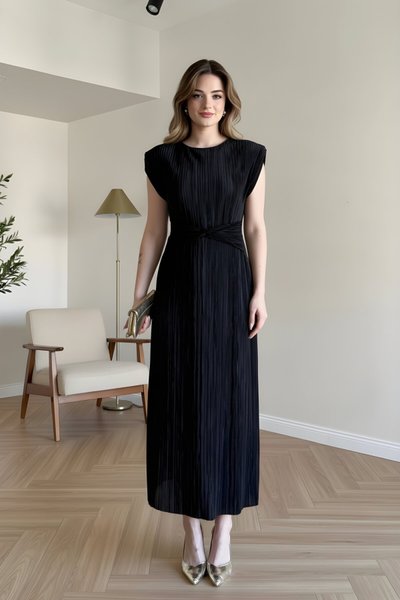 Midi Pleated Waist-Detail Dress - Black
