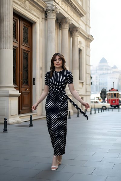 فستان طويل أسود منقط بربطة وفتحة