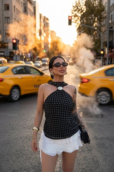 بلوزة سوداء منقطة بإكسسوار ياقة