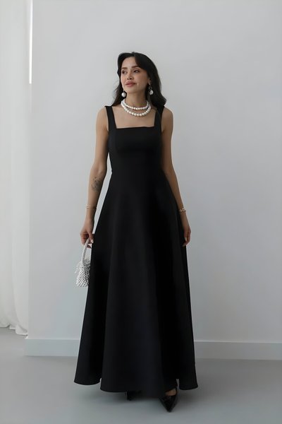 Long Strapped Square-Neck Tie-Back Dress - Black