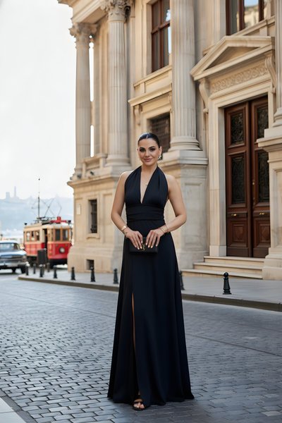 فستان سهرة طويل أسود برباط عنق وظهر مكشوف وشق