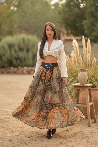 تنورة طويلة خضراء بنمط إثني وحزام