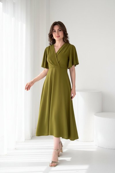 Yeşil Midi Volanlı Kruvaze Yaka Elbise