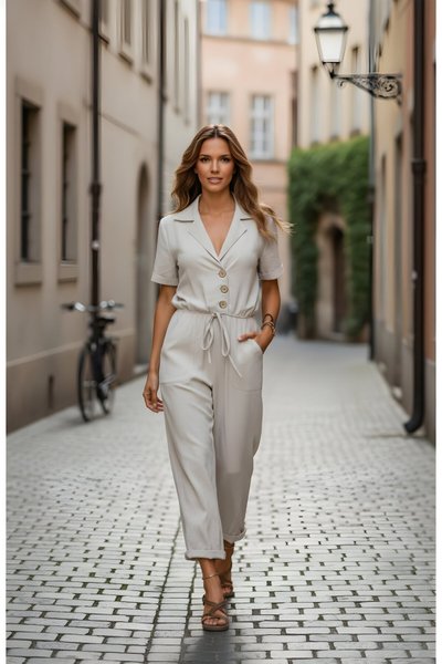 Short Sleeve Notch Lapel Pocket Jumpsuit - Beige