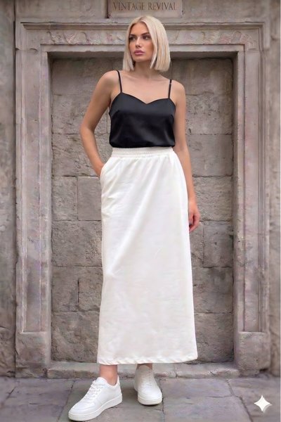 Long Elastic-Waist Pocketed Skirt - White