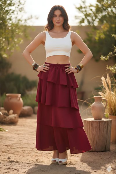 Long Ruffled Tiered Waist Cupro Crepe Skirt - Burgundy