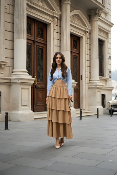 تنورة طويلة جملي كريب كوبرو بخصر مطاطي وكشكشة