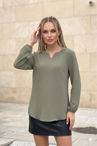 Haki Oval Kesim Kolu Lastikli Yırtmaçlı Yaka Bluz