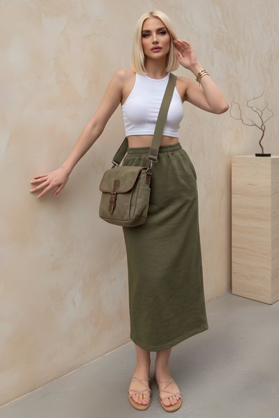 تنورة طويلة كاكي بخصر مطاطي وجيوب