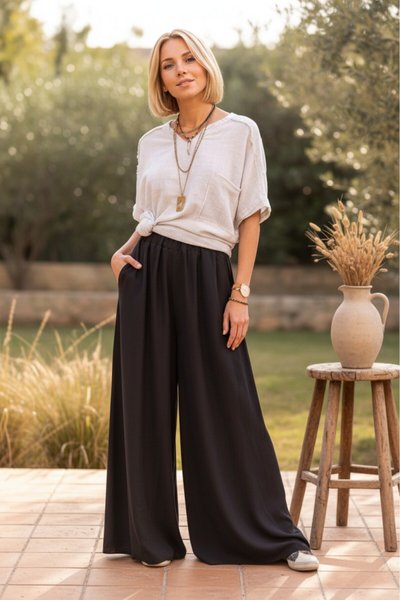 Wide-Leg Elastic-Waist Crepe Pants - Black
