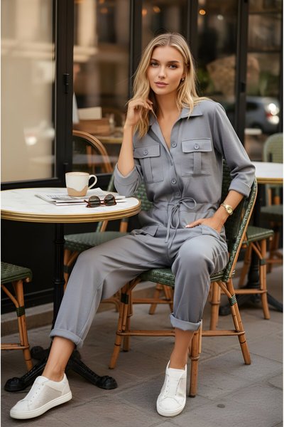 جمبسوت قصة واسعة بأكمام طويلة أسود فحمي سفاري بخصر برباط