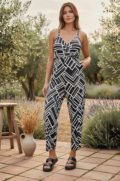 Relaxed Viscose-Lycra Deep-Neck Jumpsuit - Black