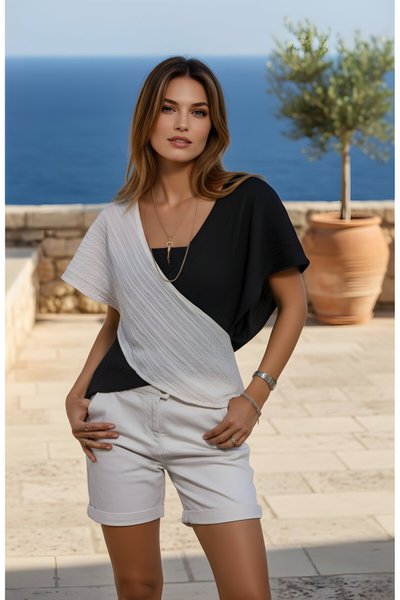 Drop-Shoulder Loose Maya Crepe Wrap V-neck Blouse - Black