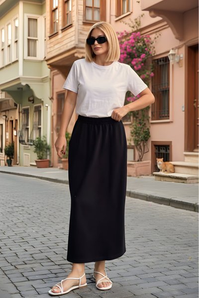 Long Relaxed Sporty Pocketed Elastic-Waist Skirt - Black