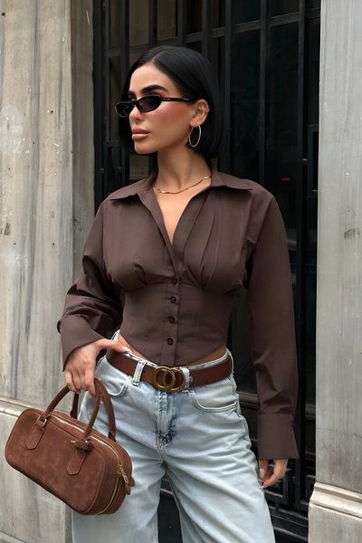 Back Tie Poplin Corset Shirt - Brown