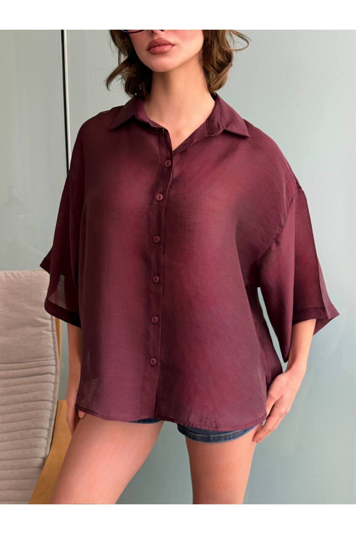 Oversize Tencel Shirt - Burgundy - VİSKALİ