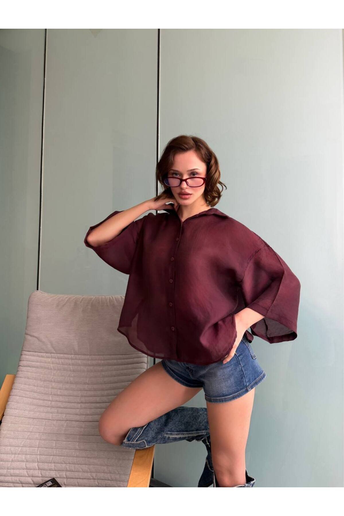 Oversize Tencel Shirt - Burgundy - VİSKALİ