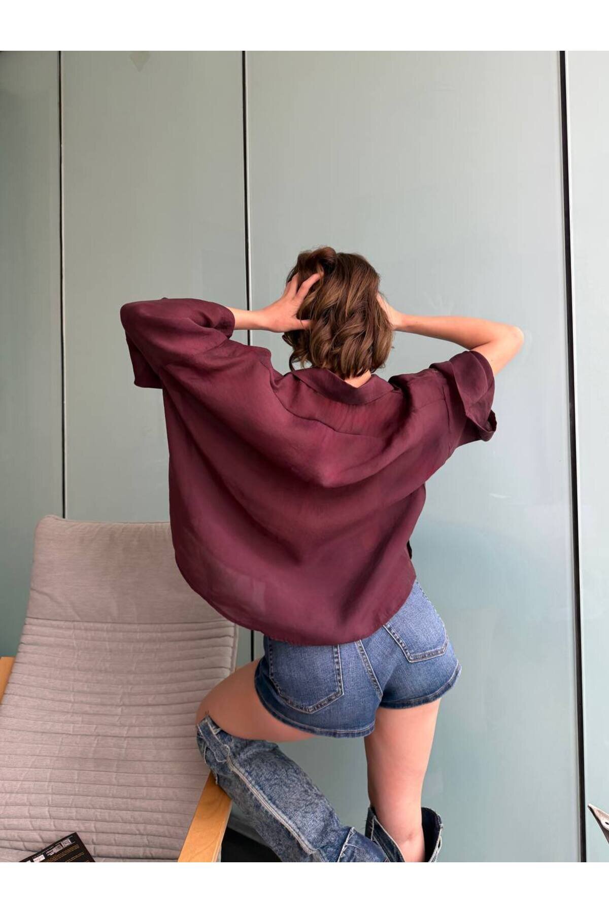 Oversize Tencel Shirt - Burgundy - VİSKALİ