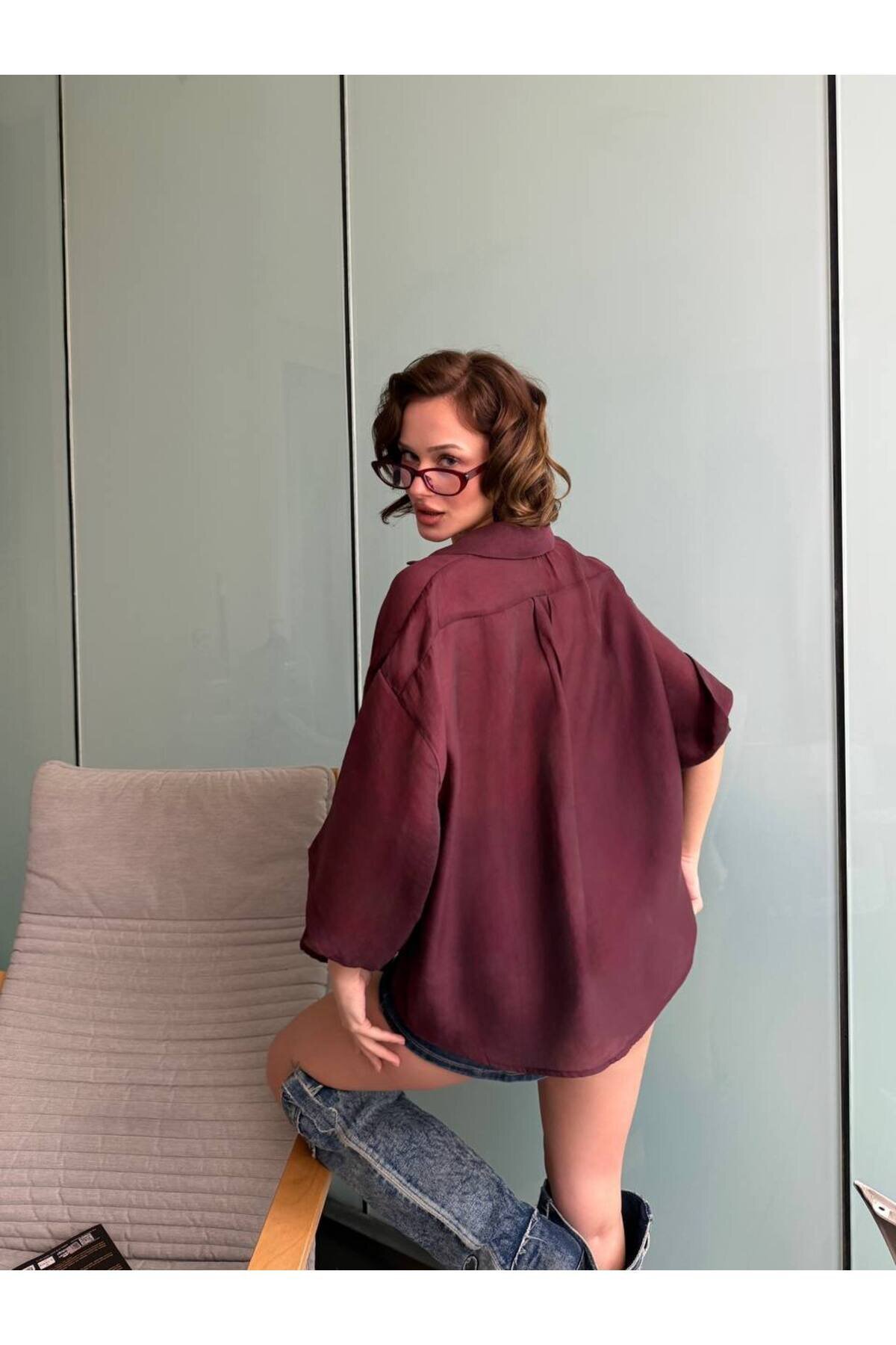 Oversize Tencel Shirt - Burgundy - VİSKALİ