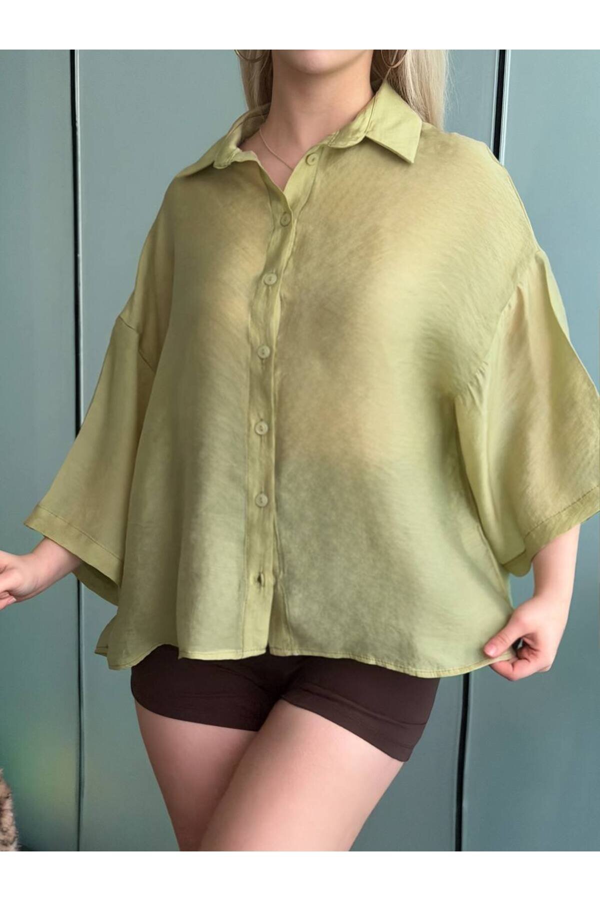 Oversize Tencel Shirt - Khaki - VİSKALİ