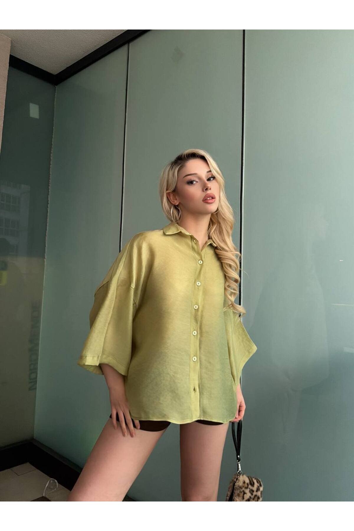 Oversize Tencel Shirt - Khaki - VİSKALİ