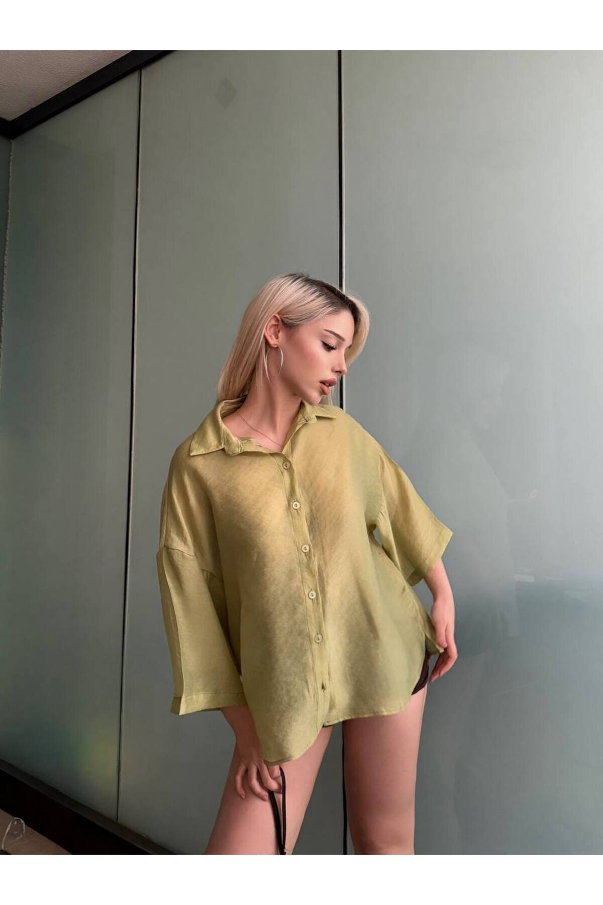 Oversize Tencel Shirt - Khaki - VİSKALİ