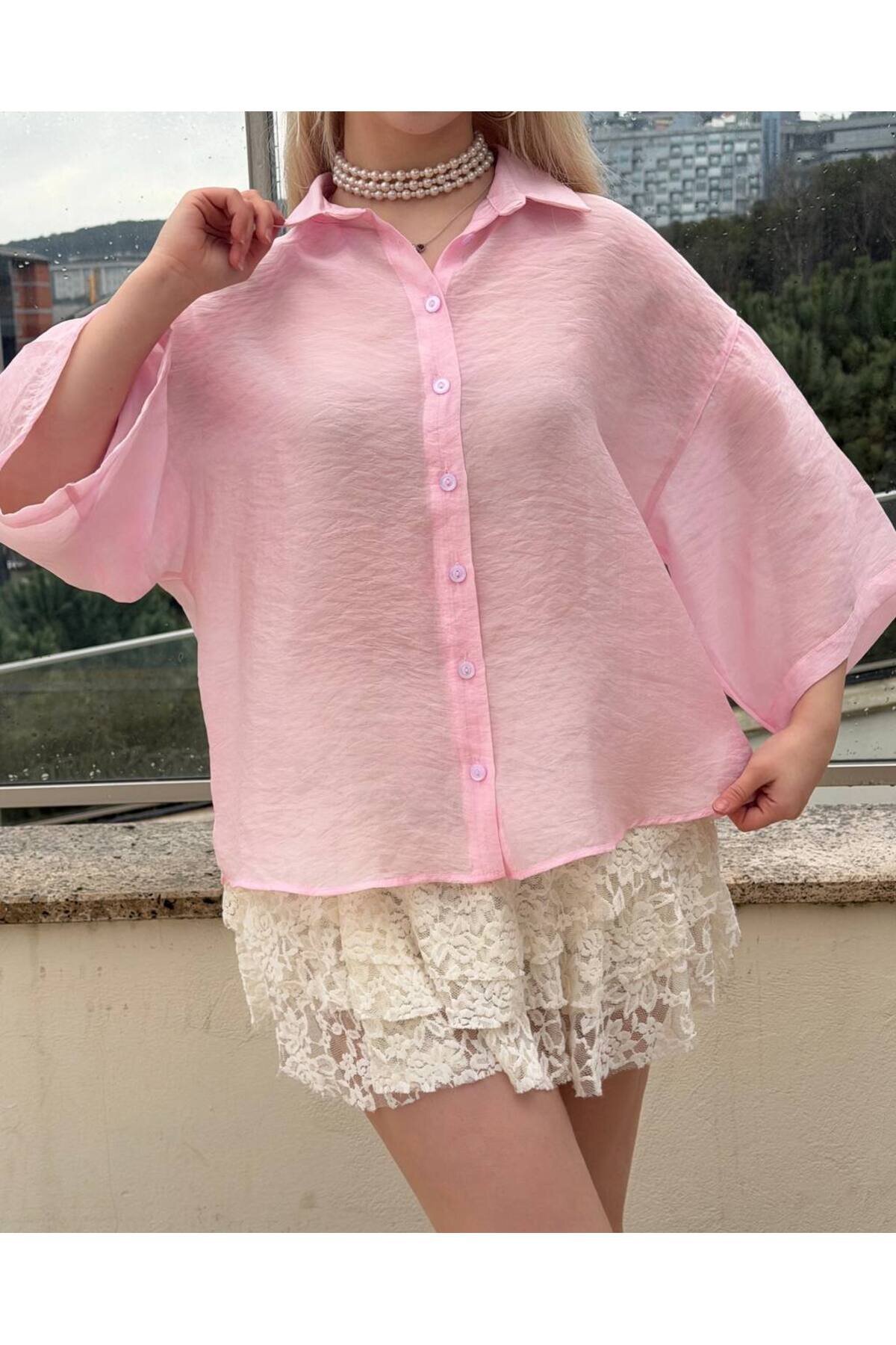 Oversize Tencel Shirt - Pink - VİSKALİ