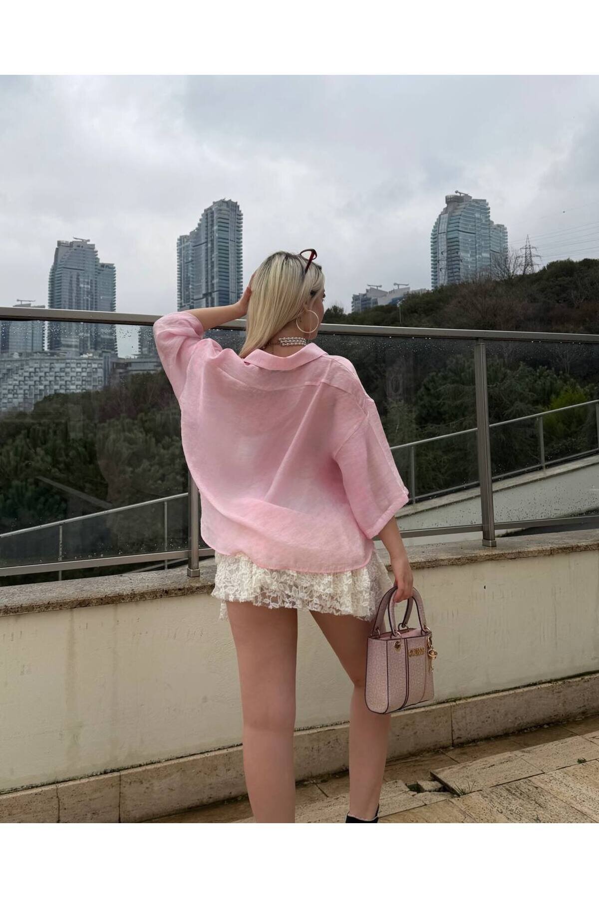 Oversize Tencel Shirt - Pink - VİSKALİ