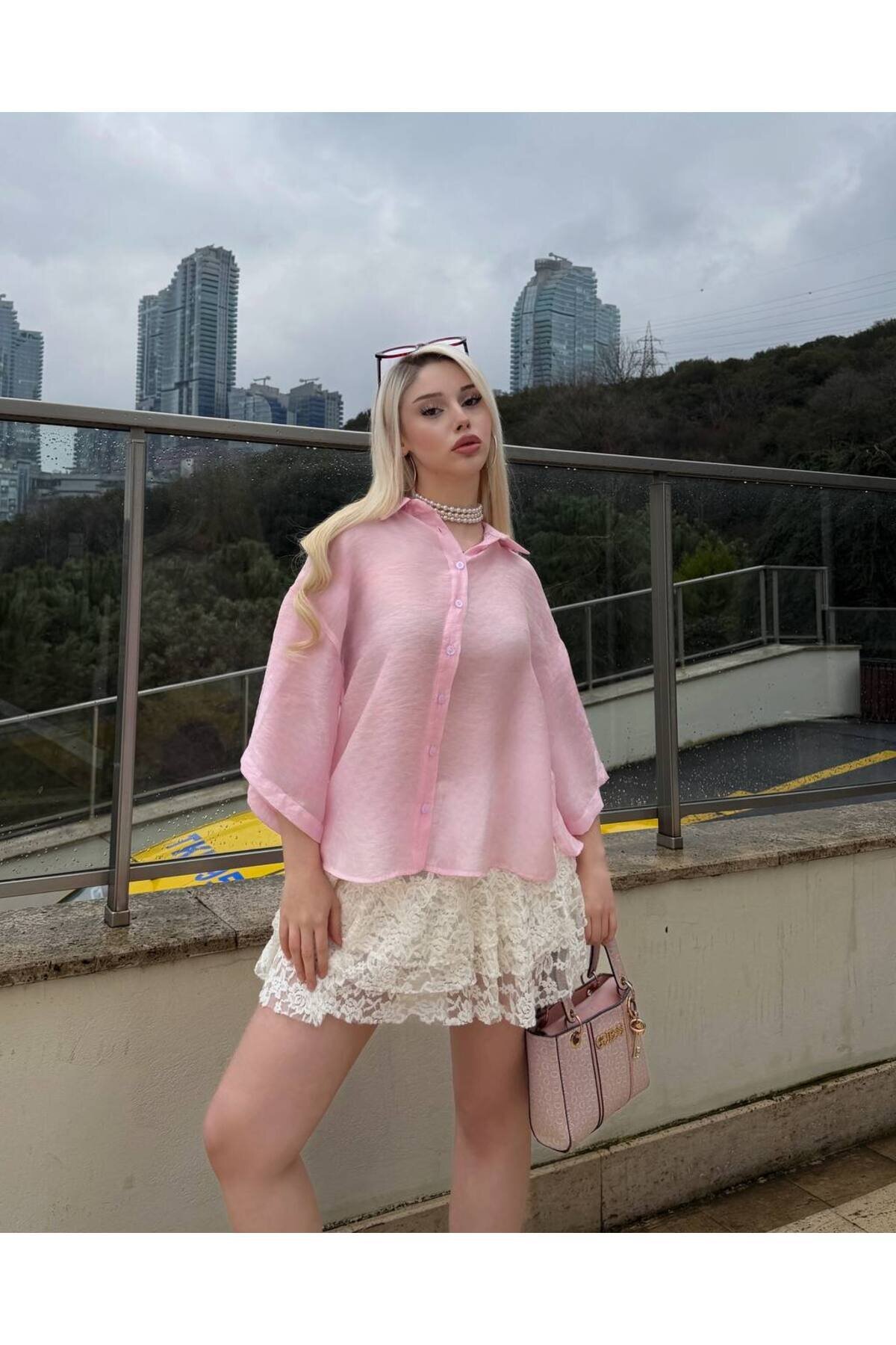 Oversize Tencel Shirt - Pink - VİSKALİ
