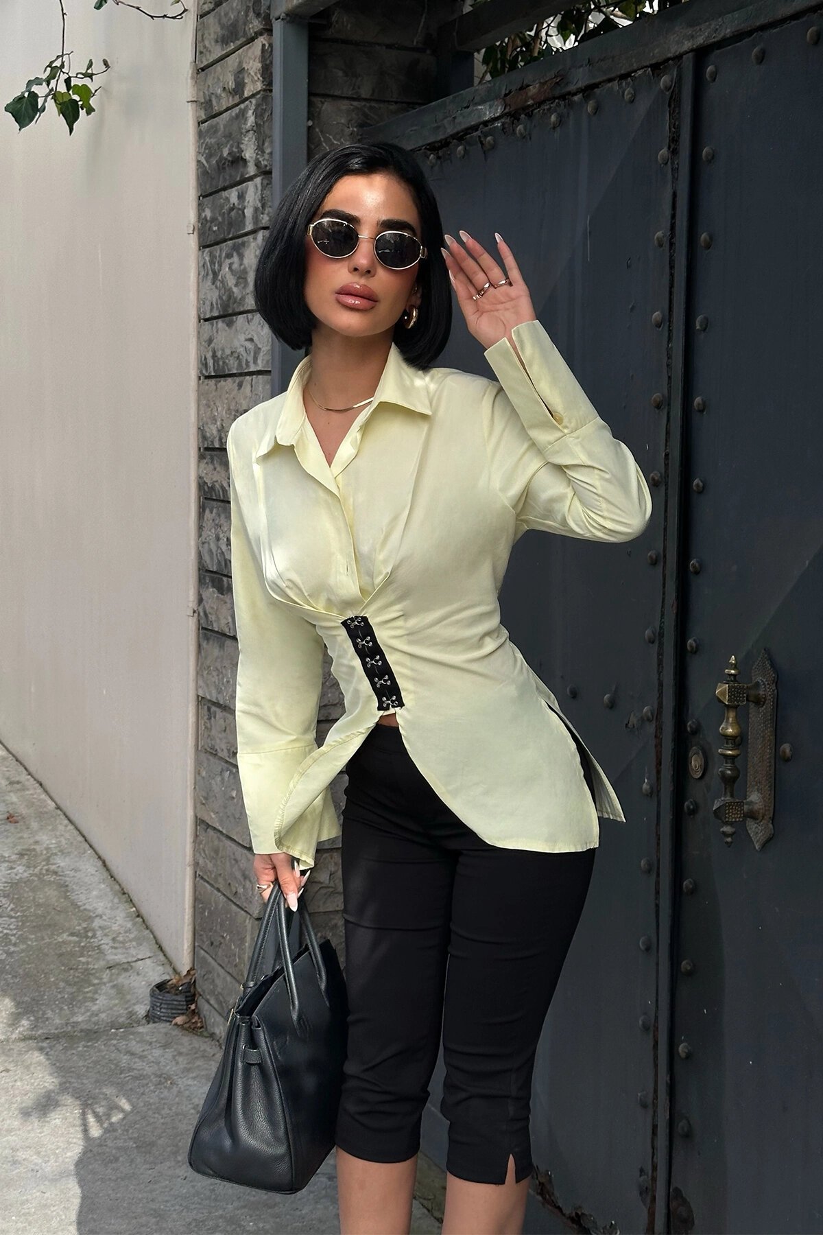 Back Tie-Detail Design Shirt - Yellow - VİSKALİ