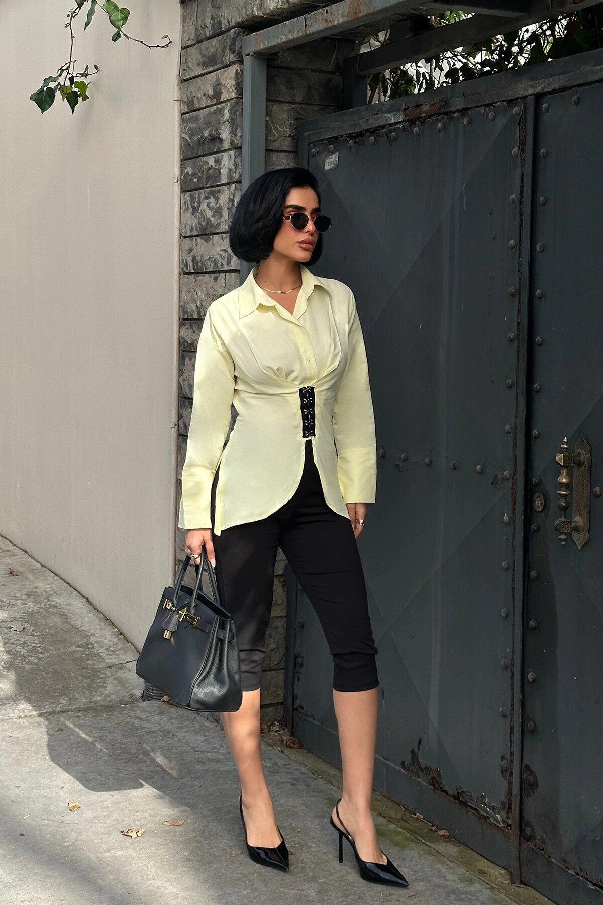 Back Tie-Detail Design Shirt - Yellow - VİSKALİ