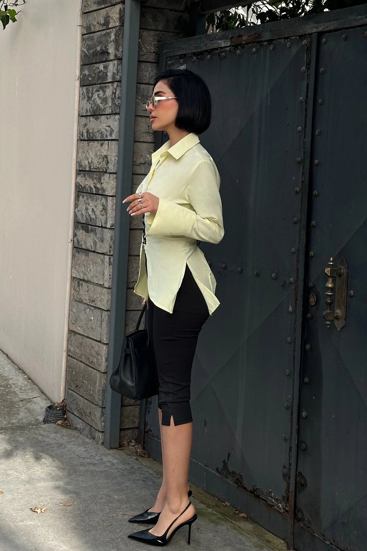 Back Tie-Detail Design Shirt - Yellow - VİSKALİ