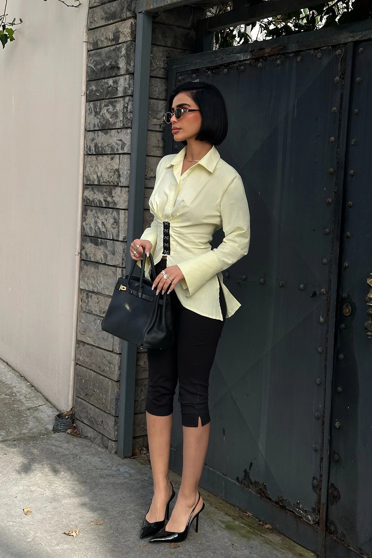 Back Tie-Detail Design Shirt - Yellow - VİSKALİ