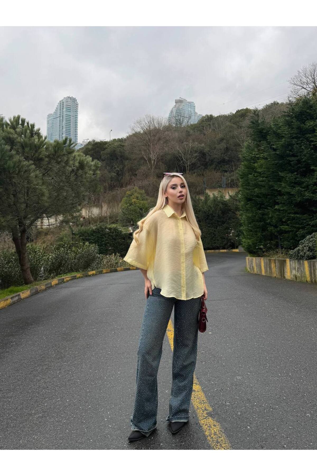 Oversize Tensel Shirt - Yellow - VİSKALİ