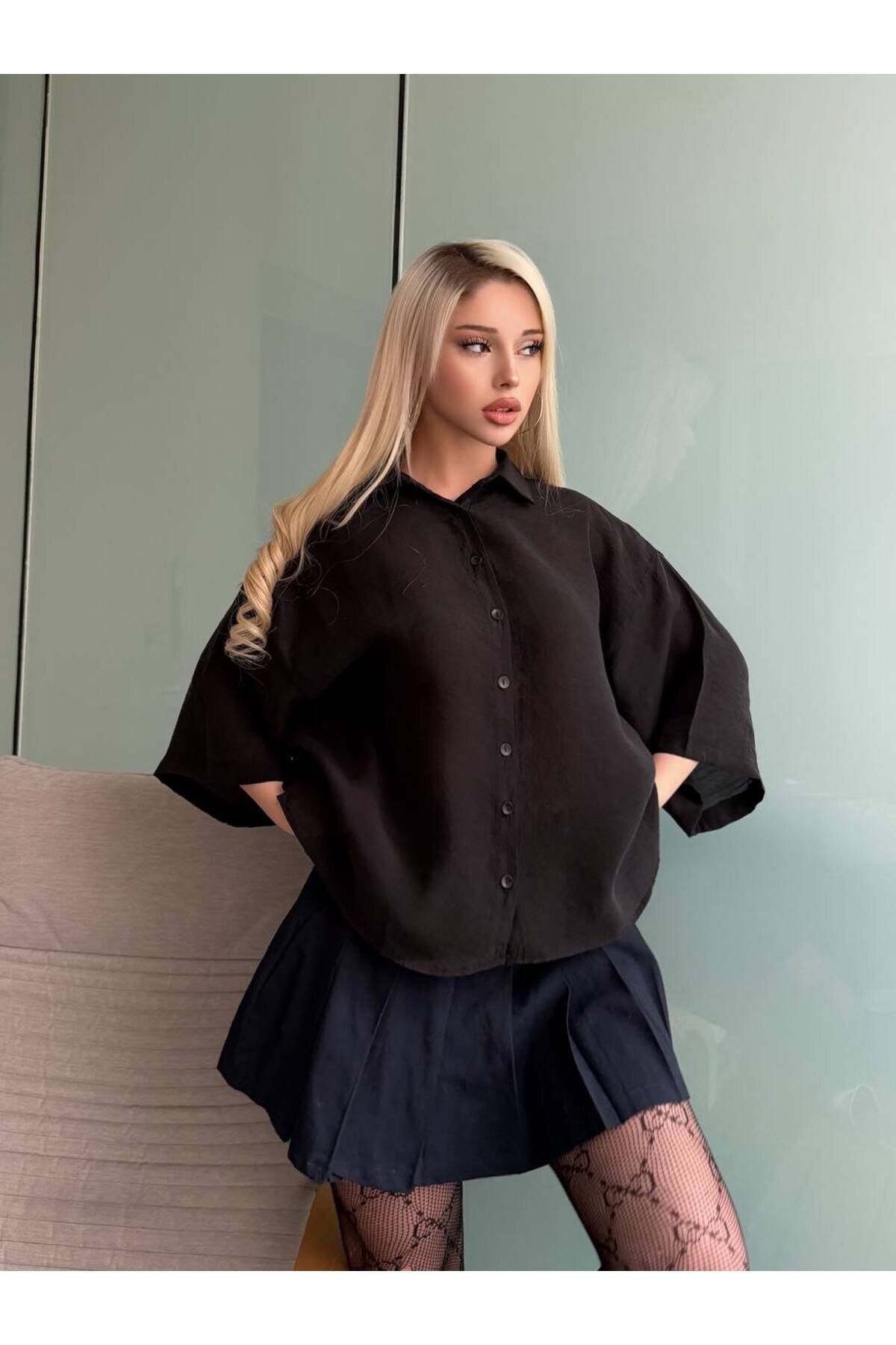 Oversize Tencel Shirt - Black - VİSKALİ