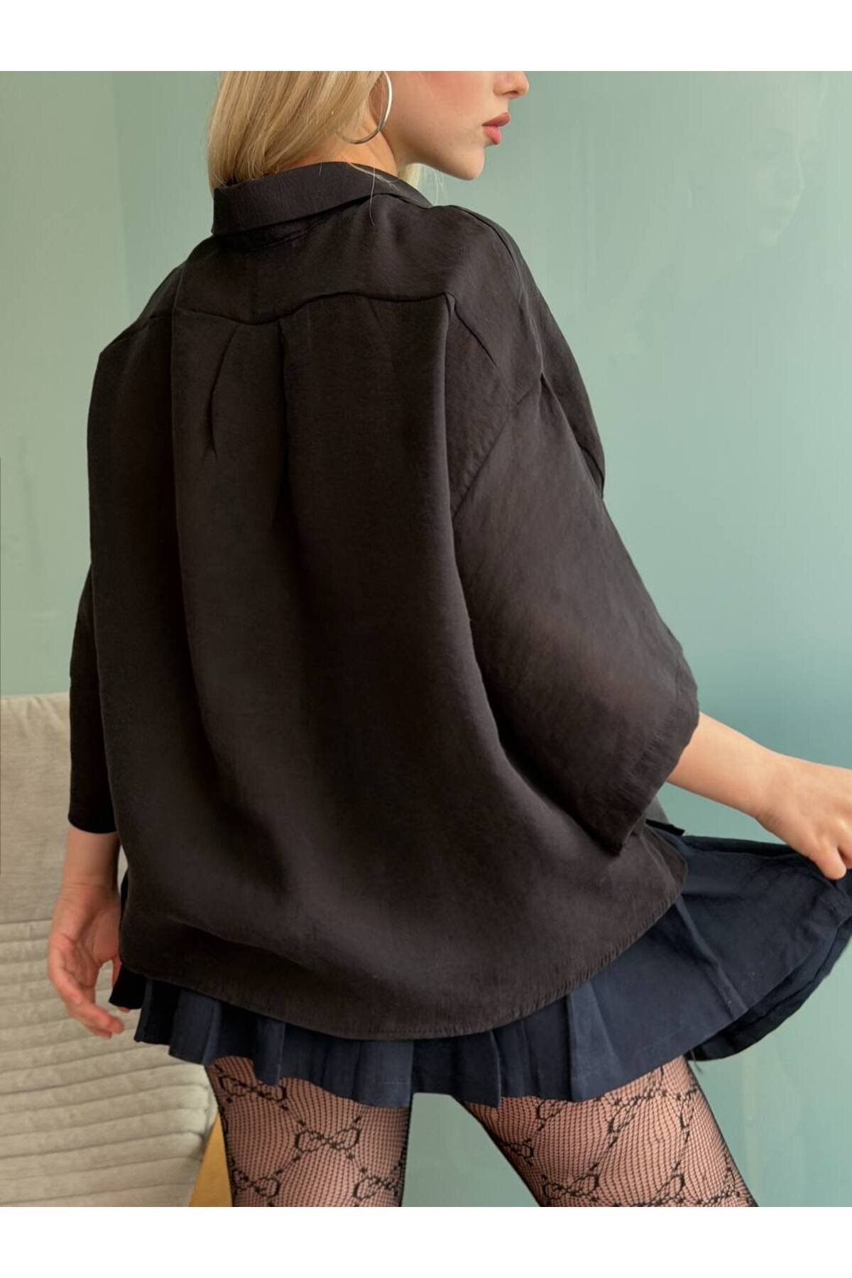 Oversize Tencel Shirt - Black - V İSKALİ