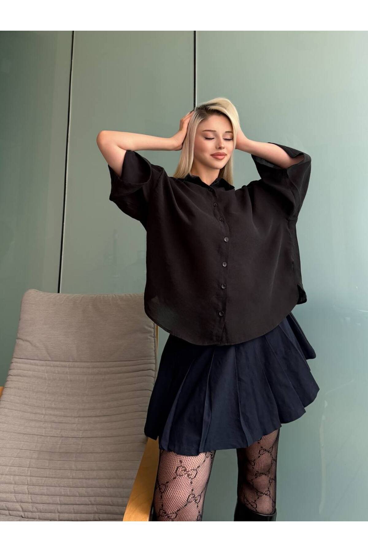 Oversize Tencel Shirt - Black - VİSKALİ