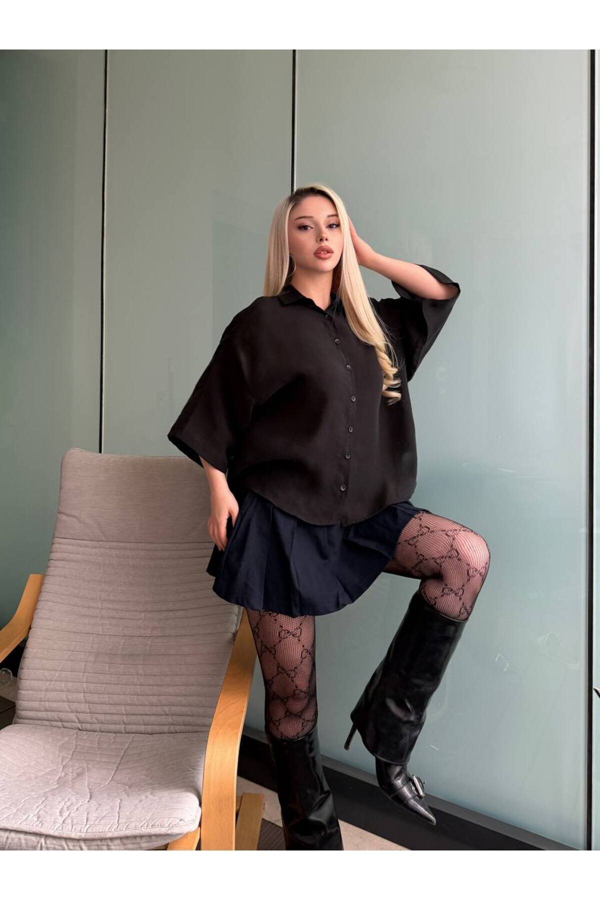 Oversize Tencel Shirt - Black - VİSKALİ