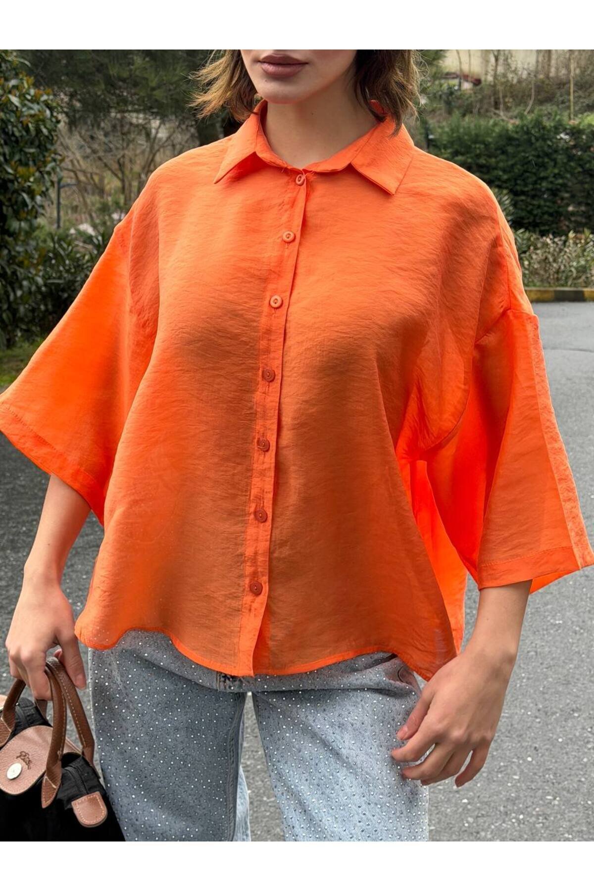Oversize Tencel Shirt - Orange - VİSKALİ