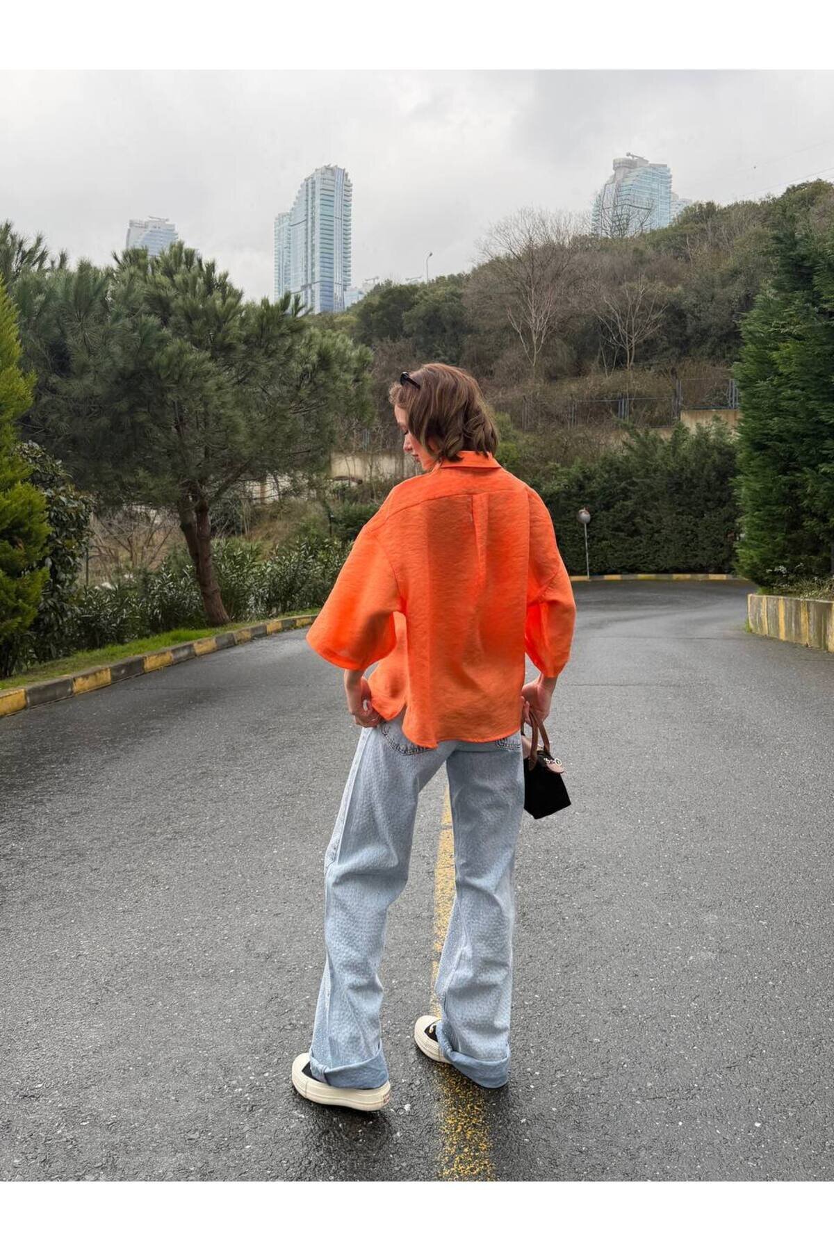 Oversize Tencel Shirt - Orange - VİSKALİ