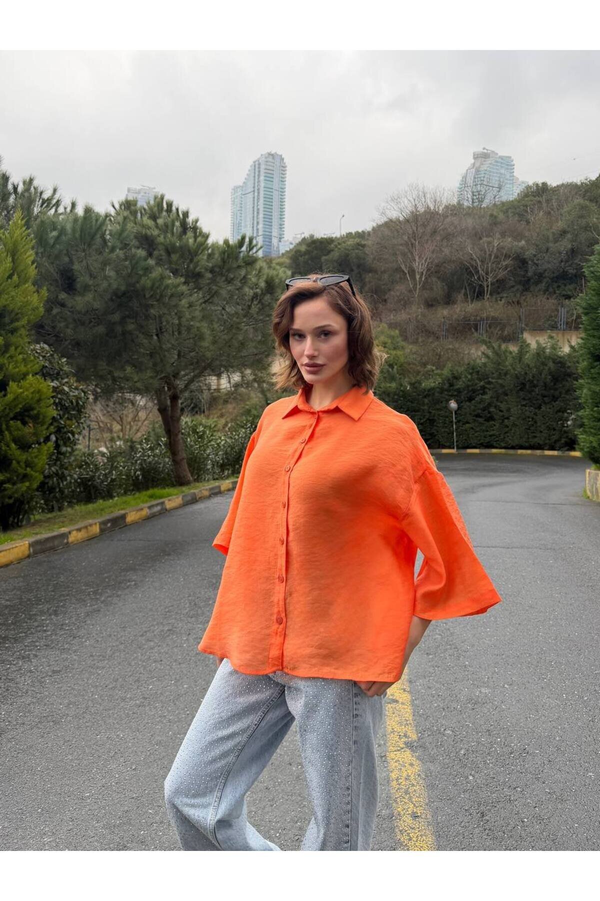 Oversize Tencel Shirt - Orange - VİSKALİ
