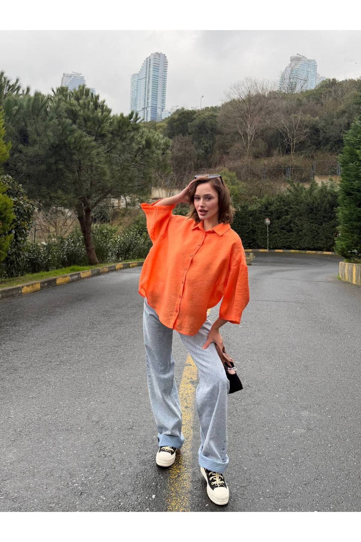 Oversize Tencel Shirt - Orange - VİSKALİ
