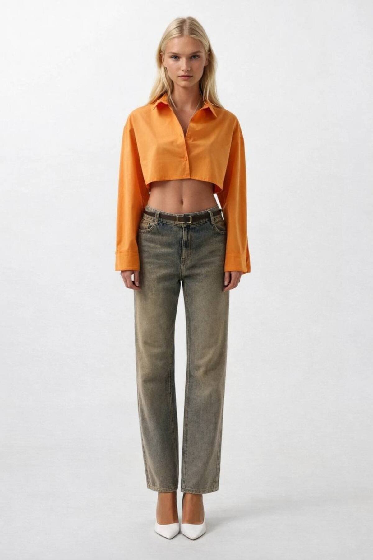 Long Sleeve Crop Elegant Shirt - Orange Green - VİSKALİ